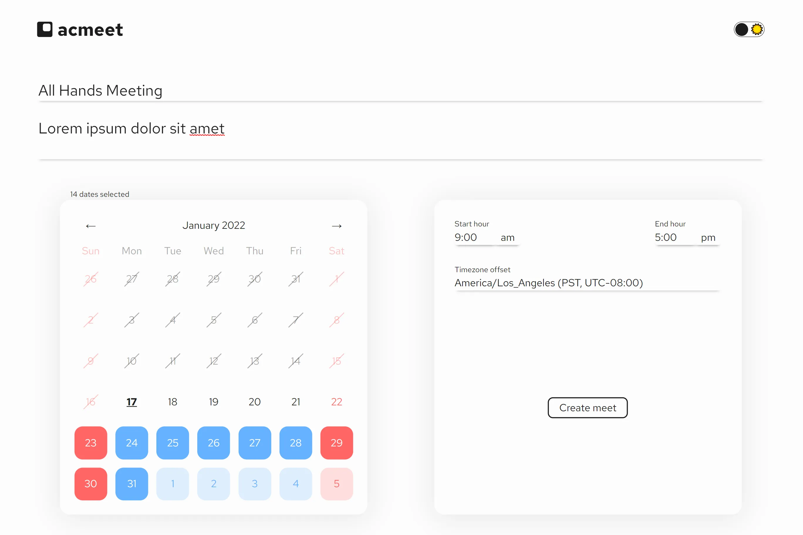 screenshot of light mode create meeting page