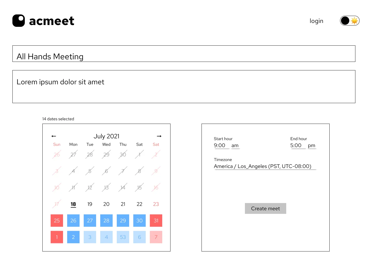 lo-fi wireframe of create meeting page