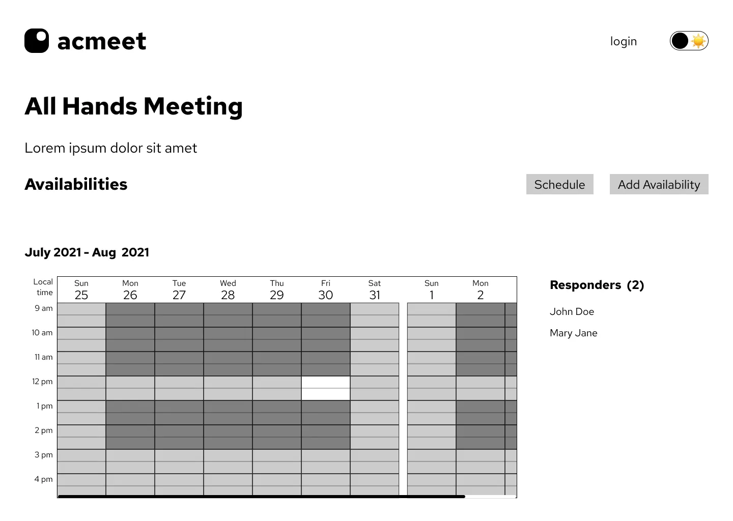 lo-fi wireframe of resultant availability matrix after editing availability