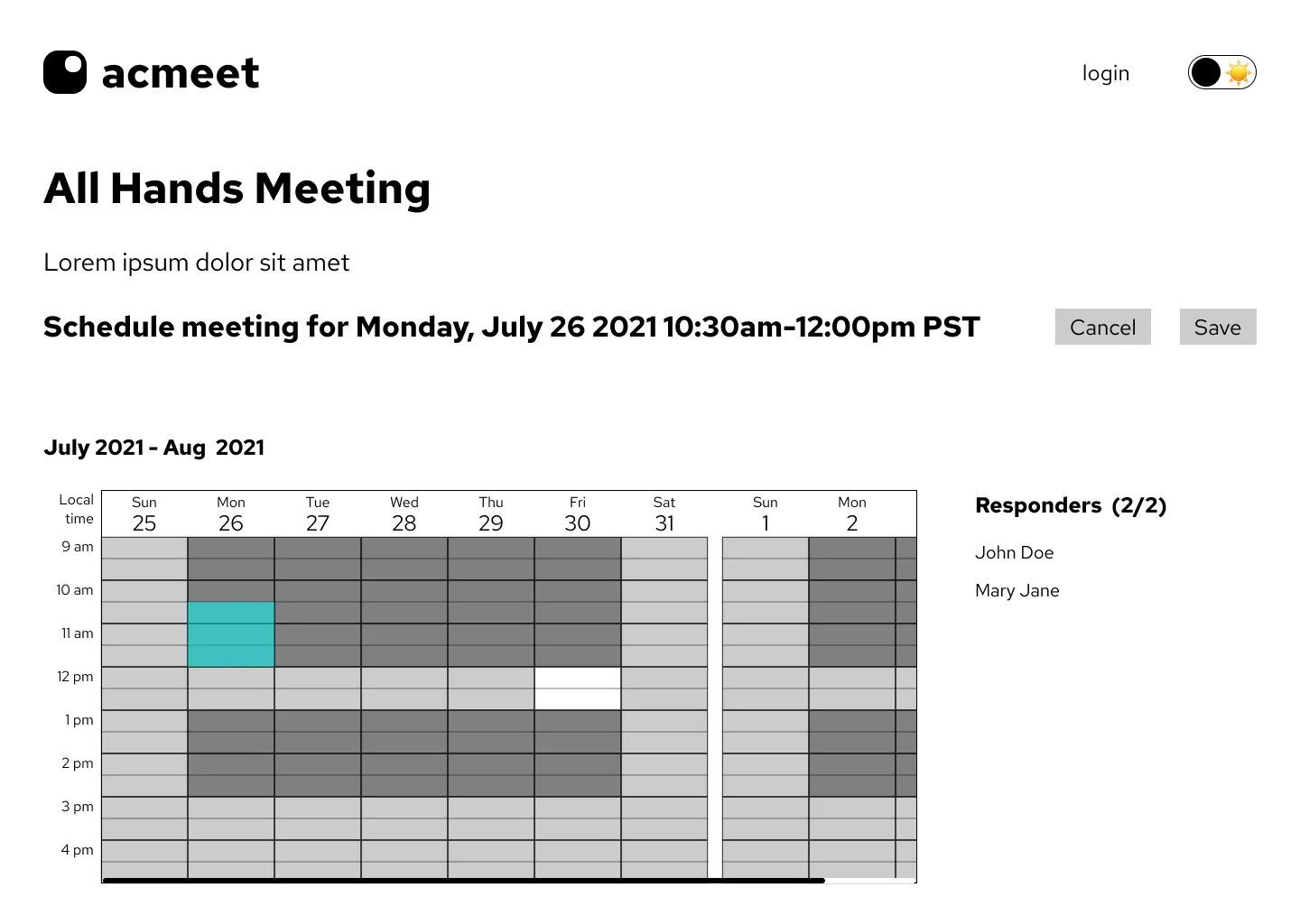 lo-fi wireframe of schedule meeting view