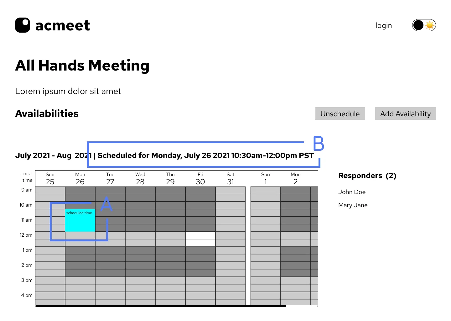 lo-fi wireframe of meeting page with time scheduled