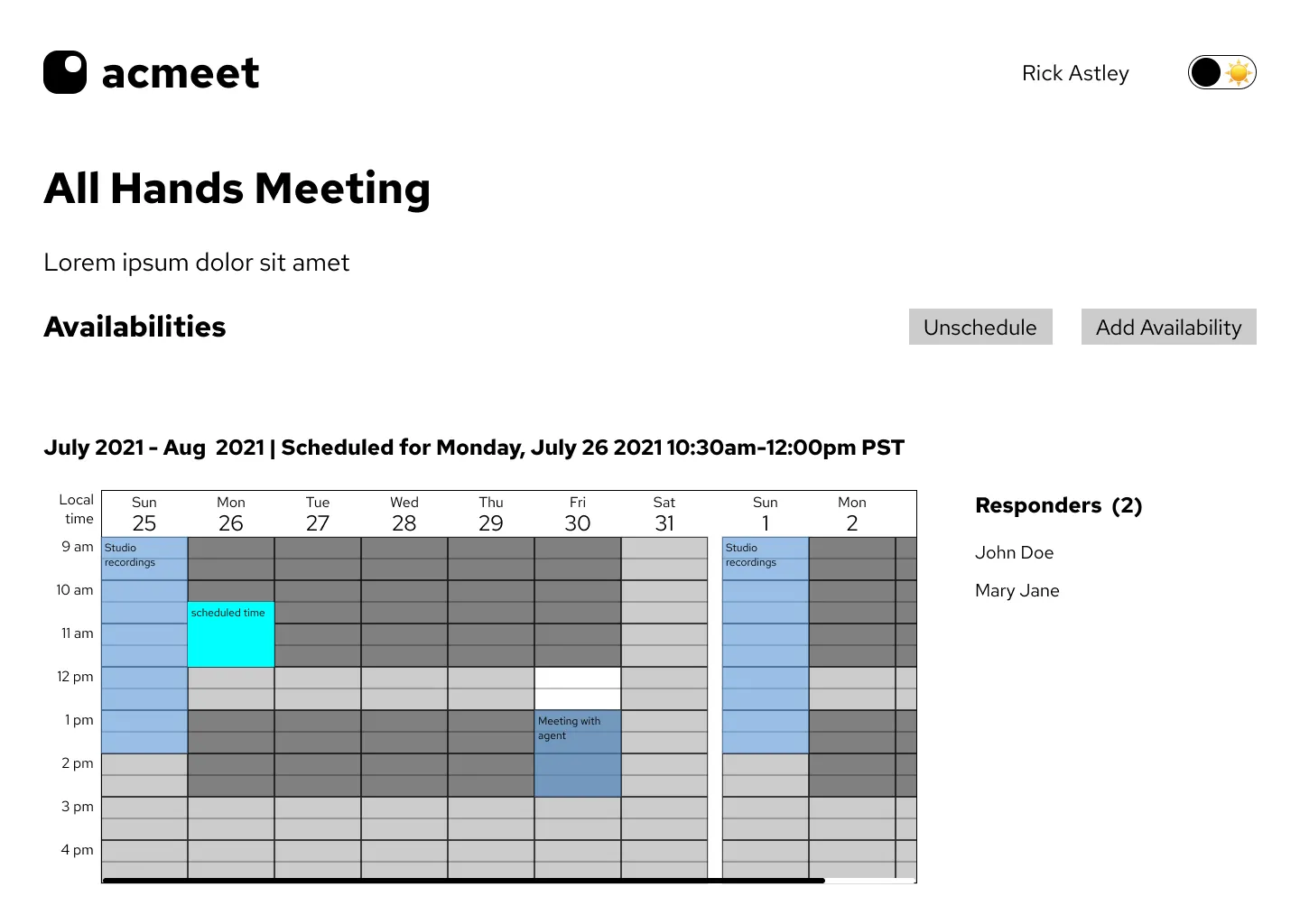 lo-fi wireframe of meeting page with time scheduled and calendar events displayed