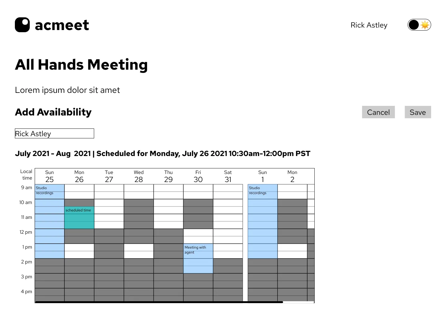 lo-fi wireframe of add availability view with time scheduled and calendar events displayed