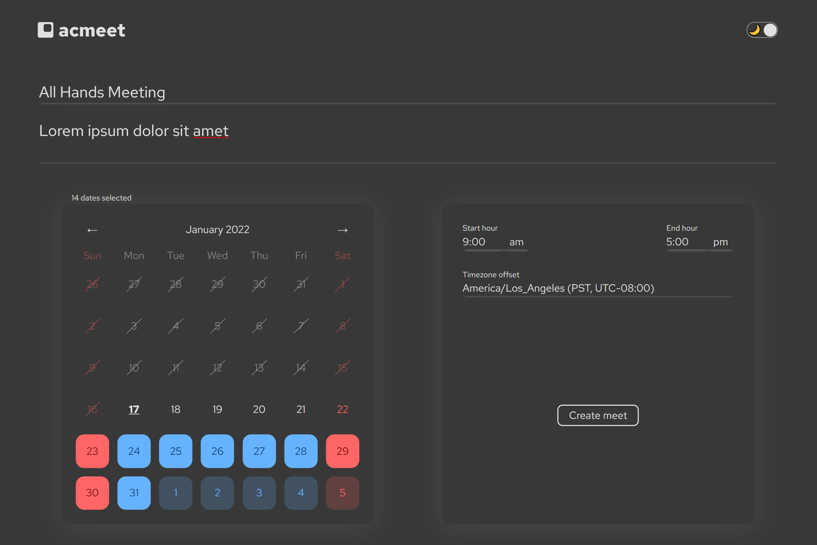 screenshot of dark mode create meeting page