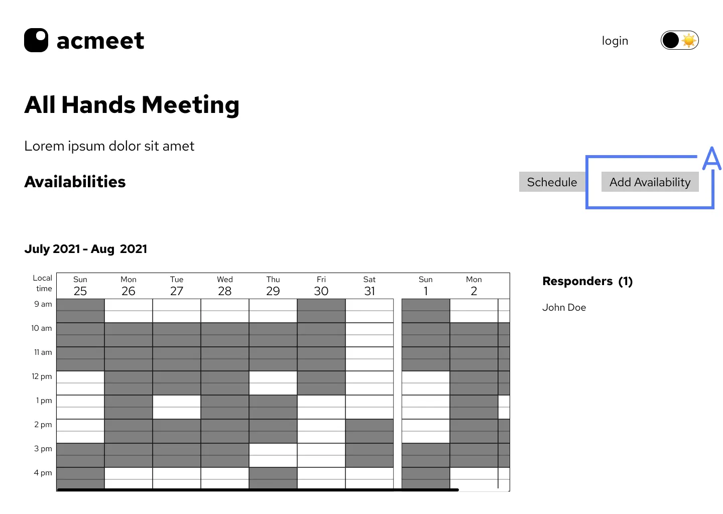 lo-fi wireframe of meeting page with one responder