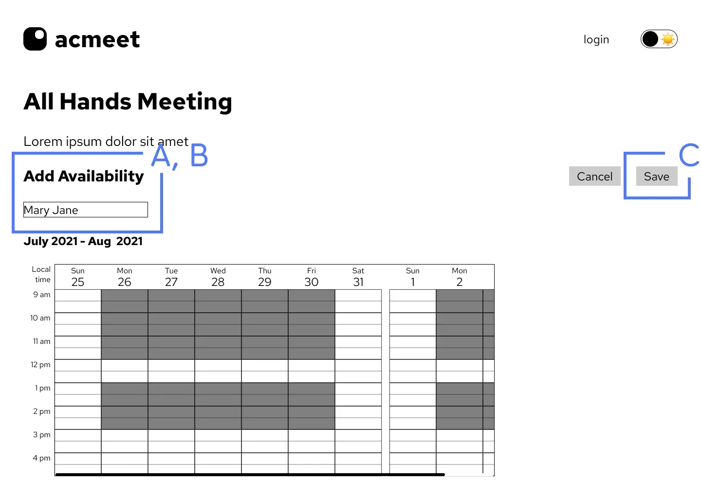 lo-fi wireframe of add availability view