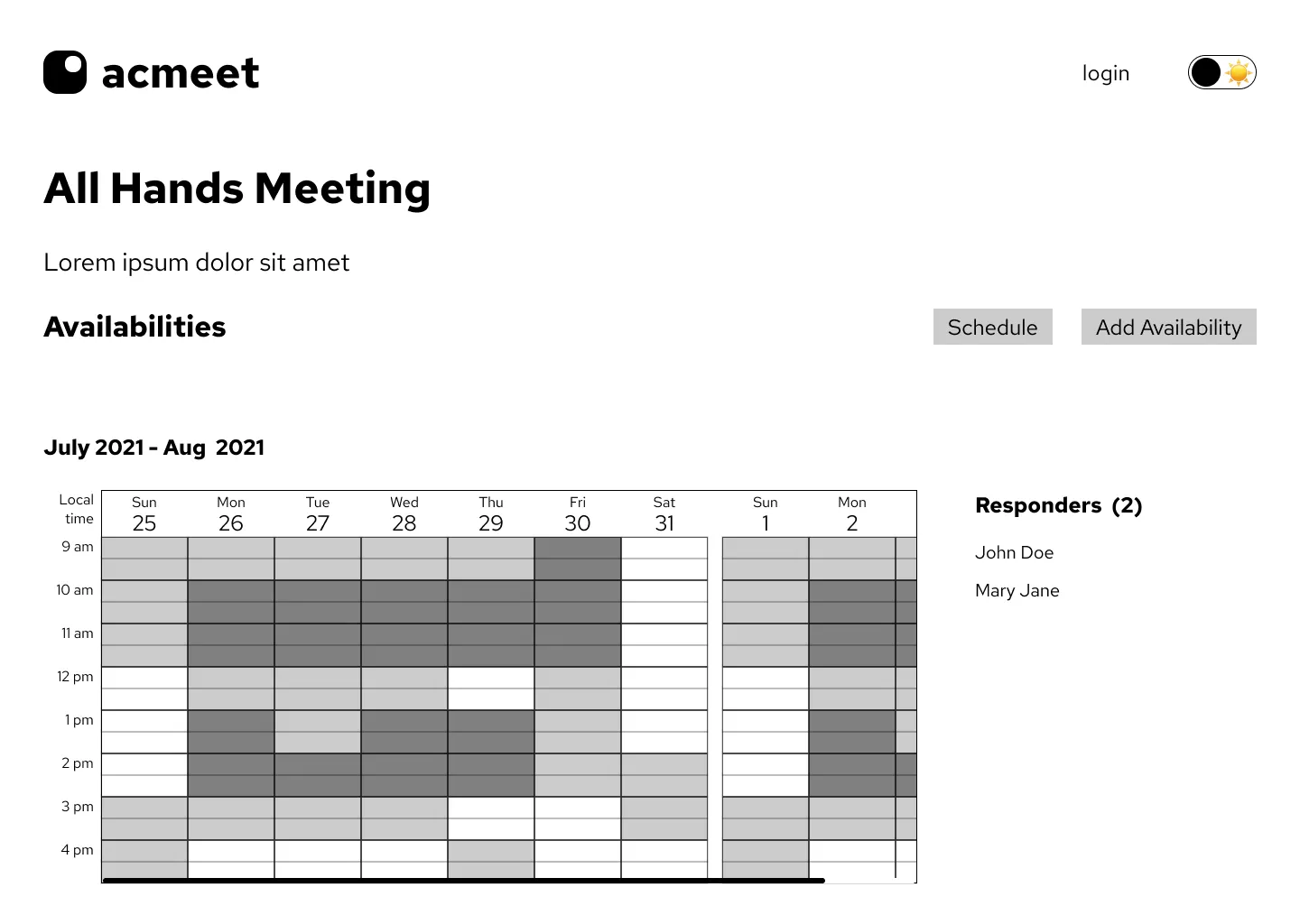 lo-fi wireframe of resultant availability matrix after adding availability