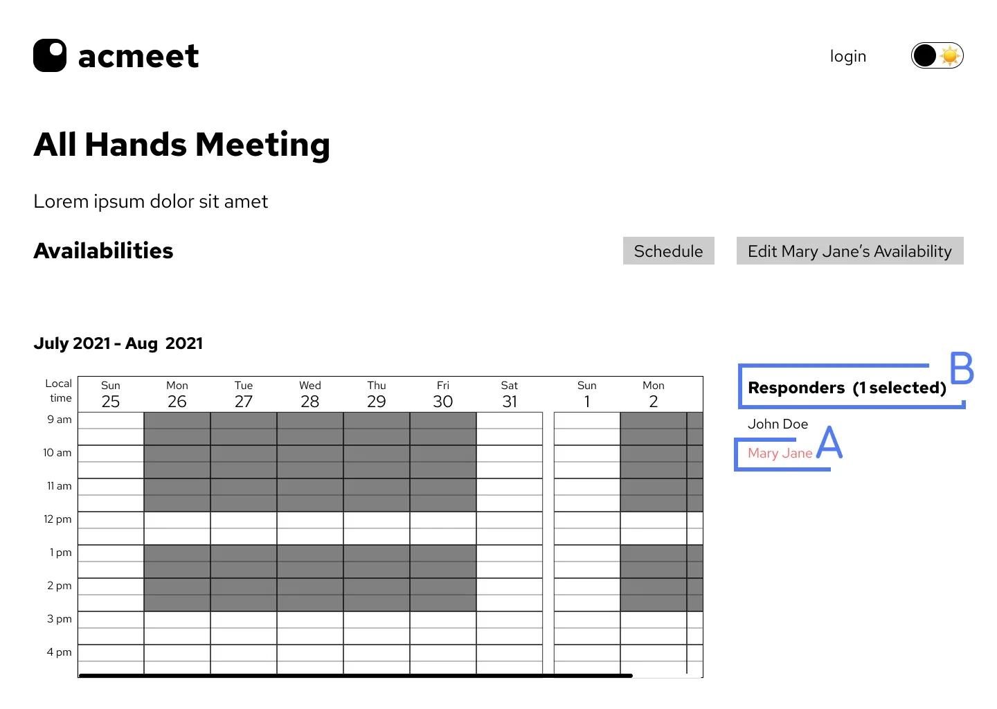 lo-fi wireframe of meeting page with one responder selected