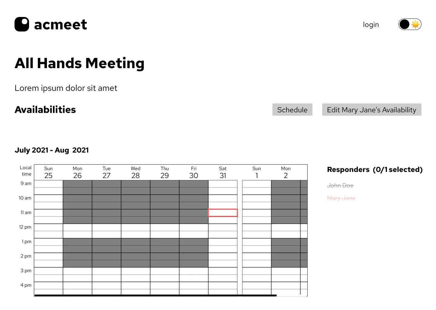 lo-fi wireframe of responder list when checking a timeslot in a filtered availability matrix view