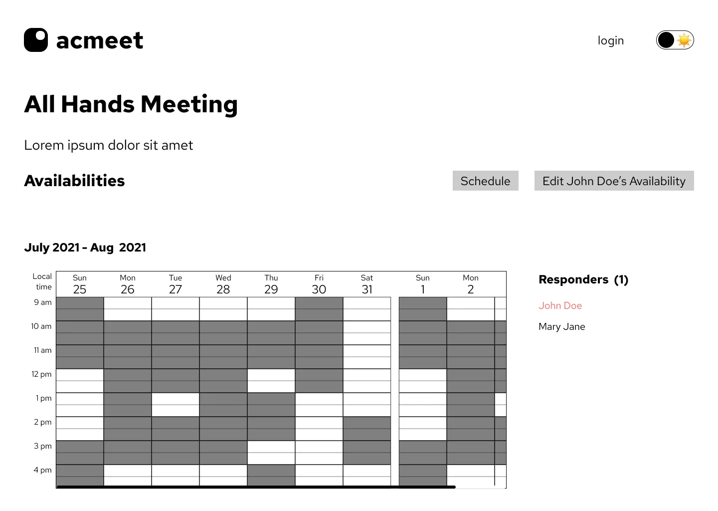 lo-fi wireframe of meeting page with one responder selected