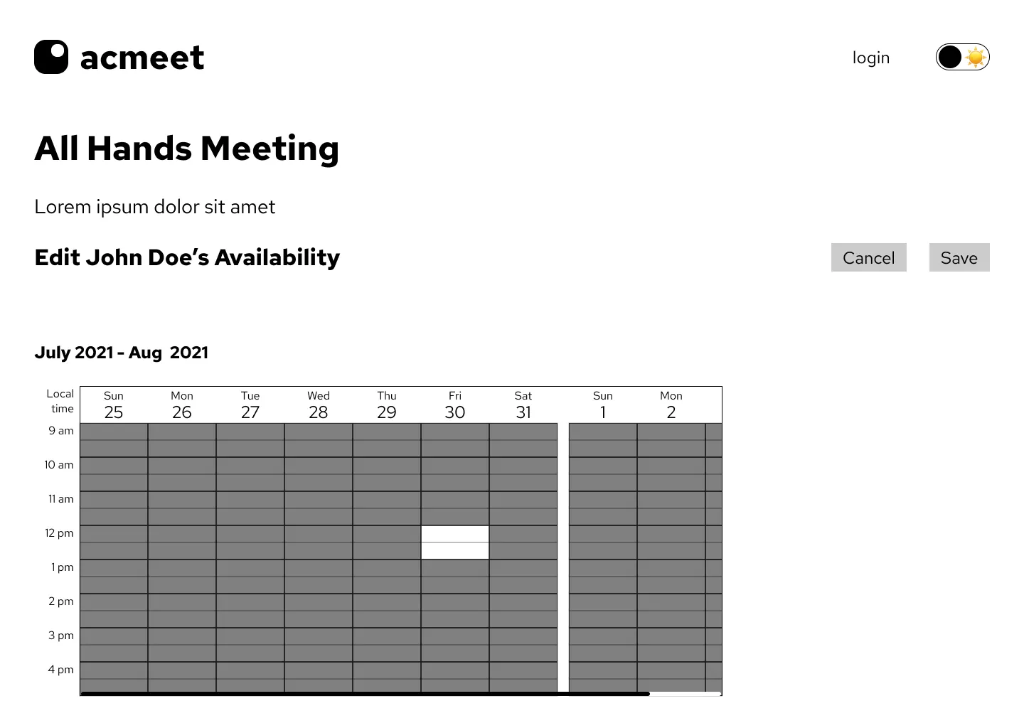 lo-fi wireframe of edit availability view