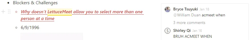 screenshot of meeting notes, where one bullet point asks why LettuceMeet doesn't support multiple responder filtering; comments on that bullet points ask when acmeet will be available.