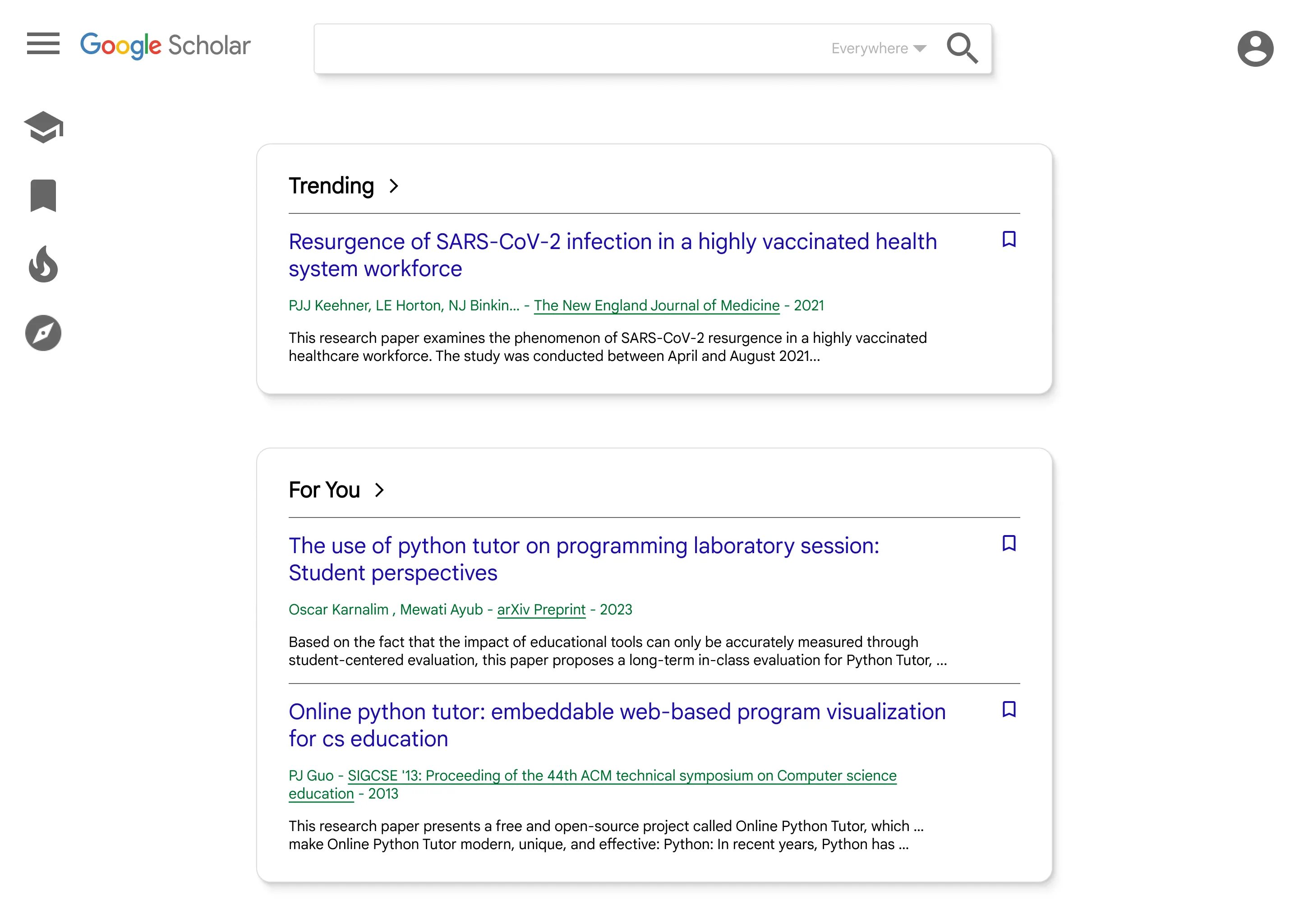 Redesigned Google Scholar homepage. A dropdown labelled "filters" sits under the search bar. Below that, a section labelled "For You" has some cards with paper details peeking out from the bottom of the page.