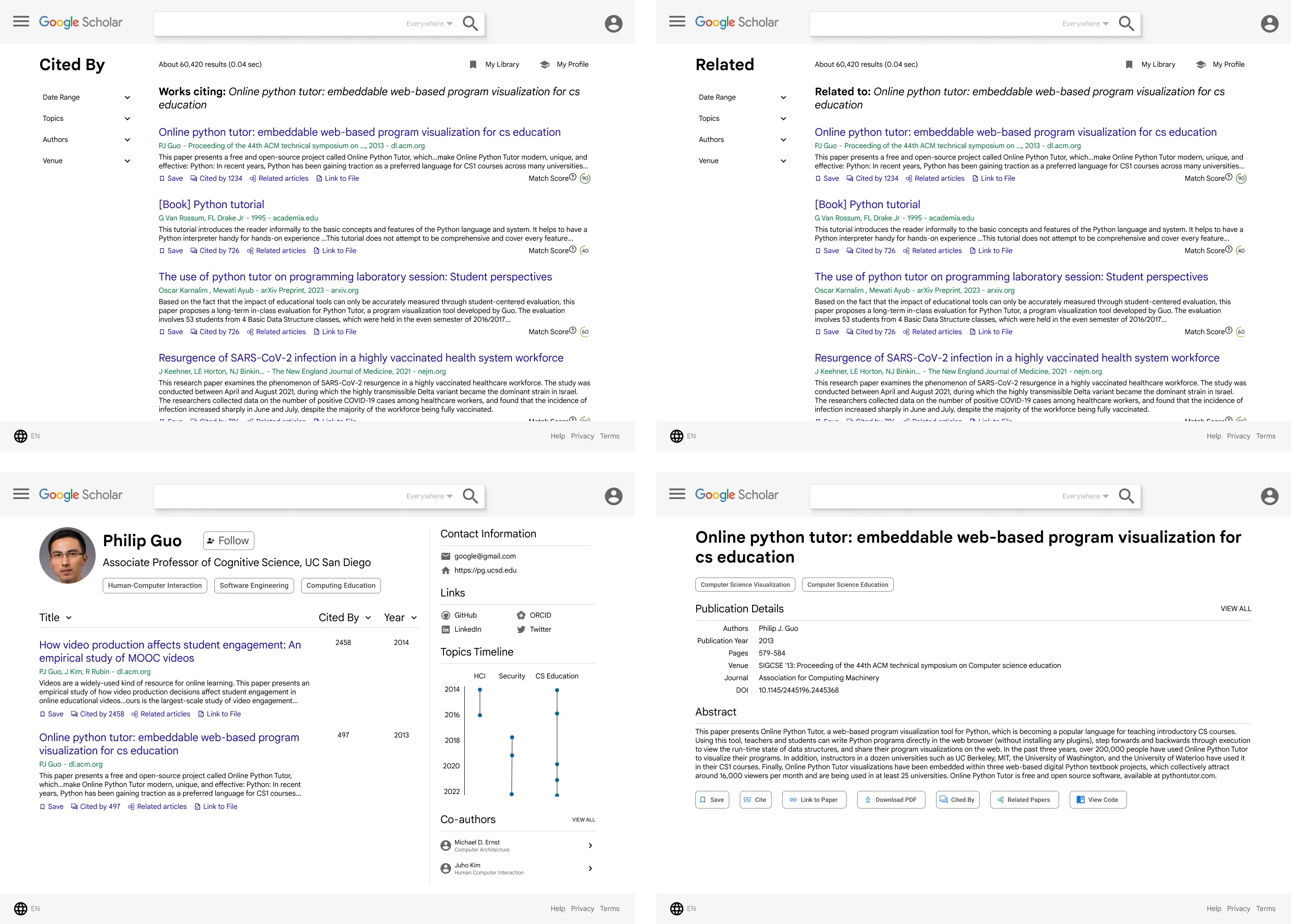 four screens, in a 2x2 layout. top to bottom, left to right: "cited by" page; "related papers" page; author page; paper page