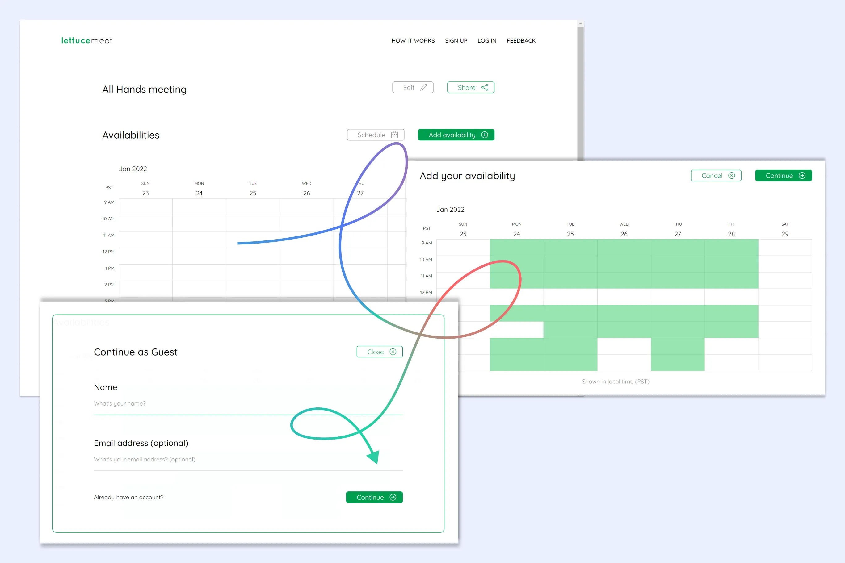 LettuceMeet meeting page, annotated with steps indicating how to fill out an availability