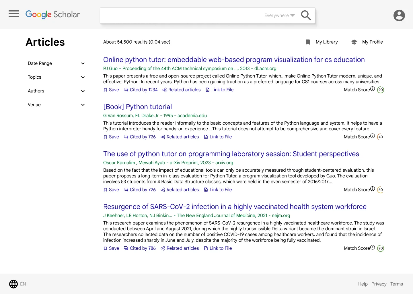 Redesigned Google Scholar search results page. On the left side, filters can now be done by author and/or by venue as well. The search results entries are also slightly changed, with pdf links placed alongside the other actions on the line beneath the abstract