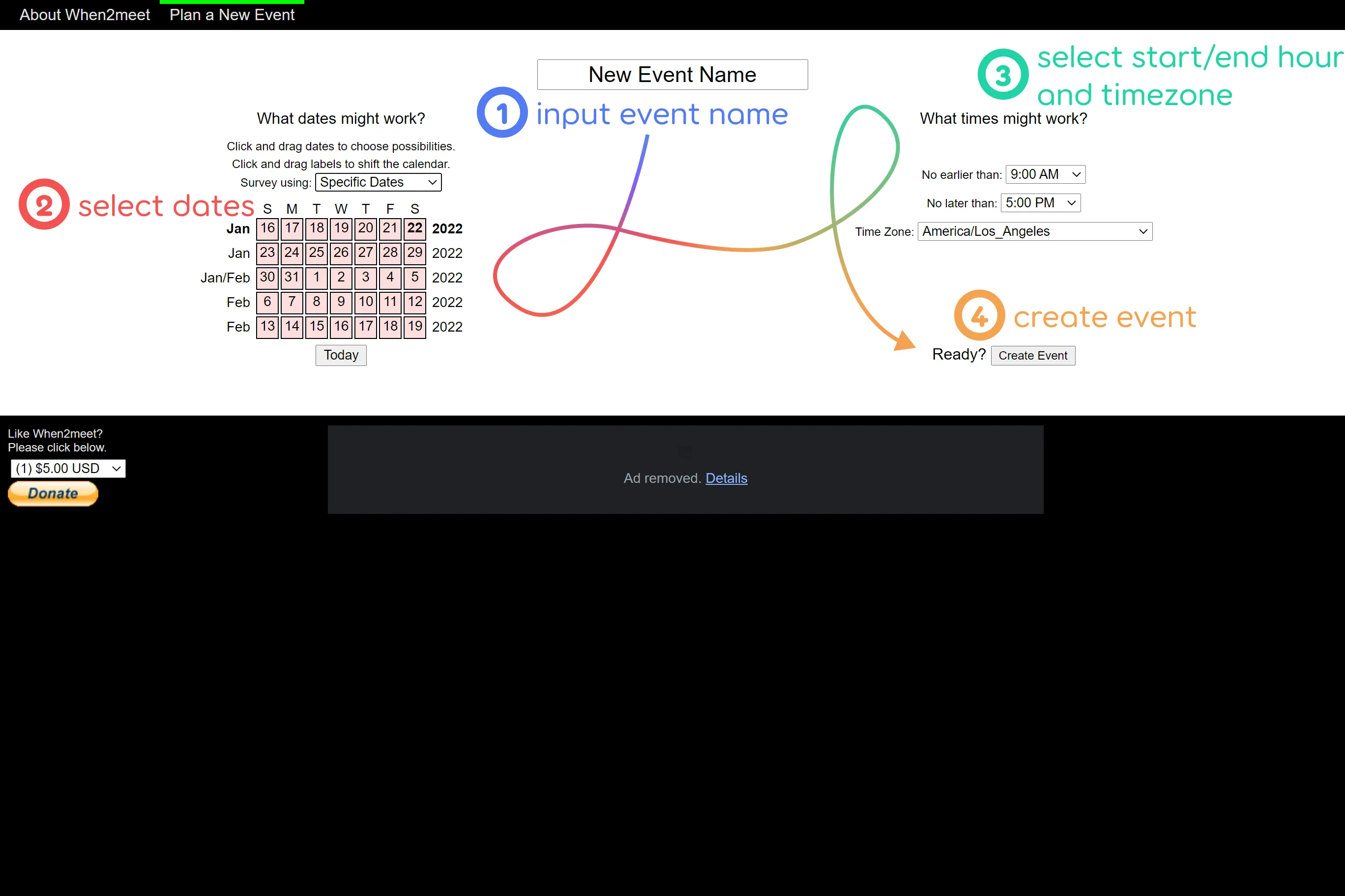 When2meet create meeting page, annotated with steps indicating how to create a meeting