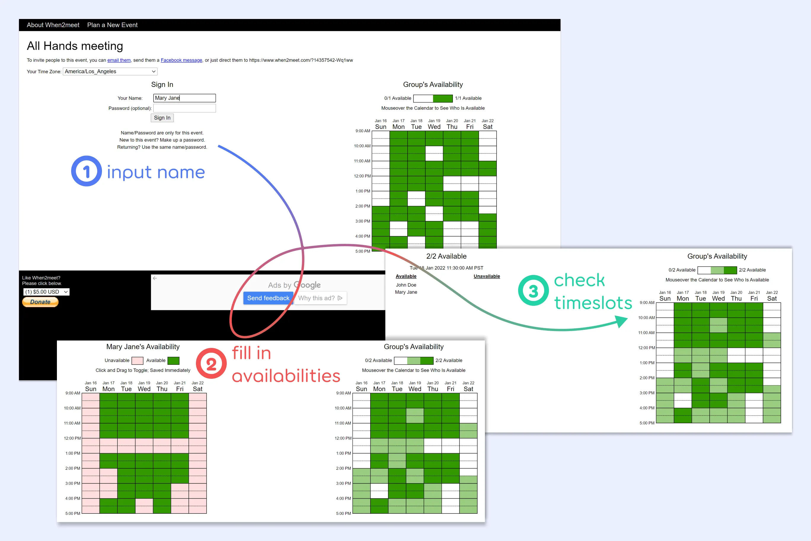 When2meet meeting page, annotated with steps indicating how to fill out an availability